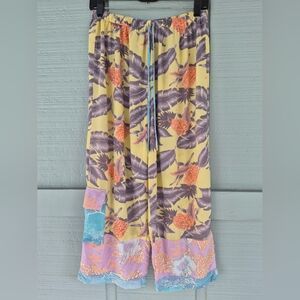 Tropical Beaded Floral Wide Leg Pants M Boho Hippie Beachy Resortwear